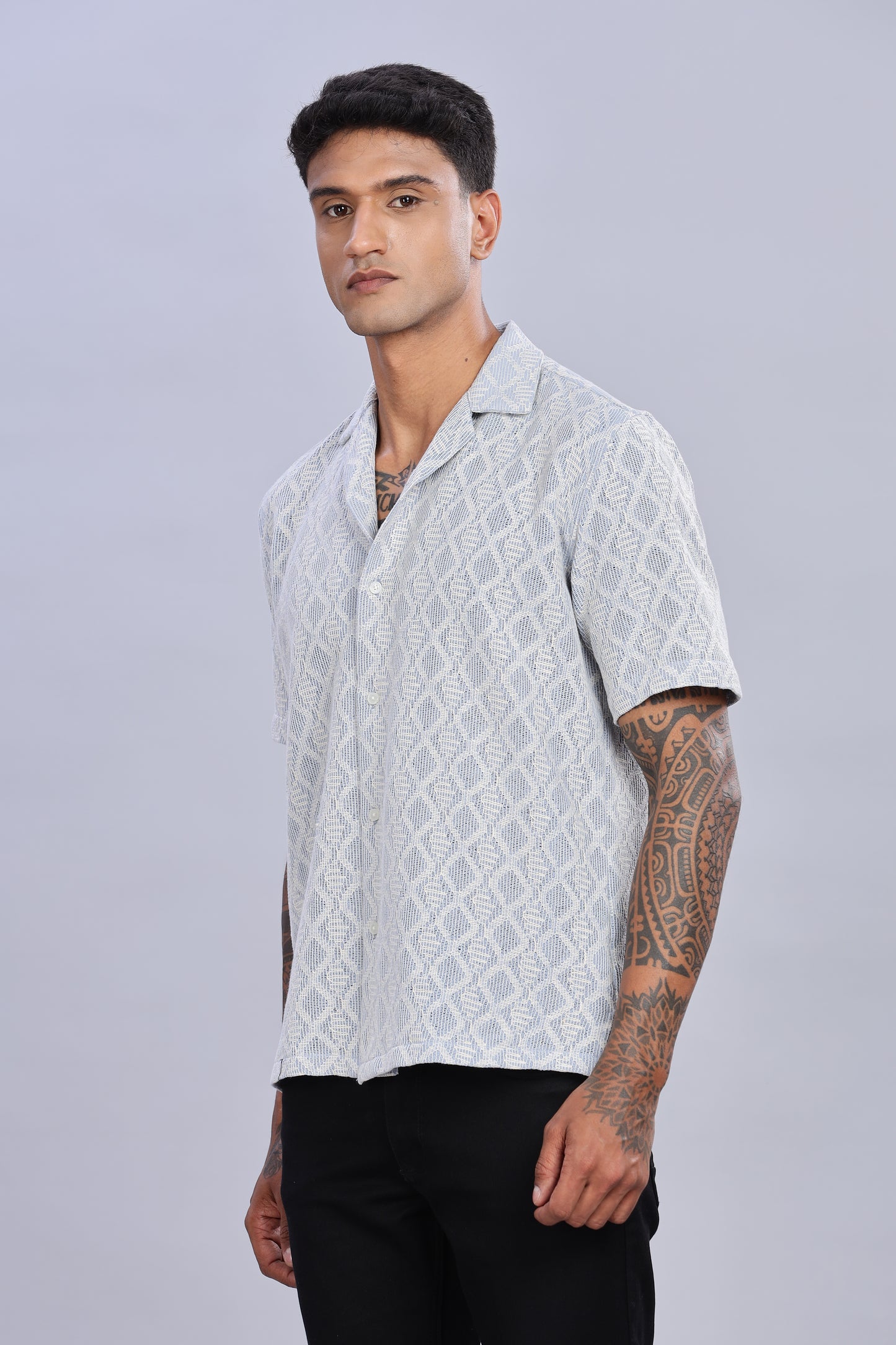 Oldlove Half-Sleeve Blue Self Design Shirt