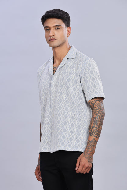 Oldlove Half-Sleeve Blue Self Design Shirt
