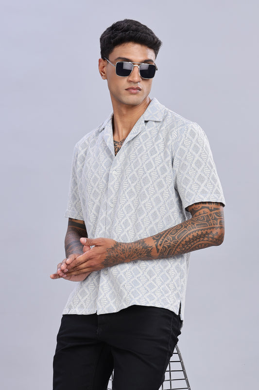 Oldlove Half-Sleeve Blue Self Design Shirt