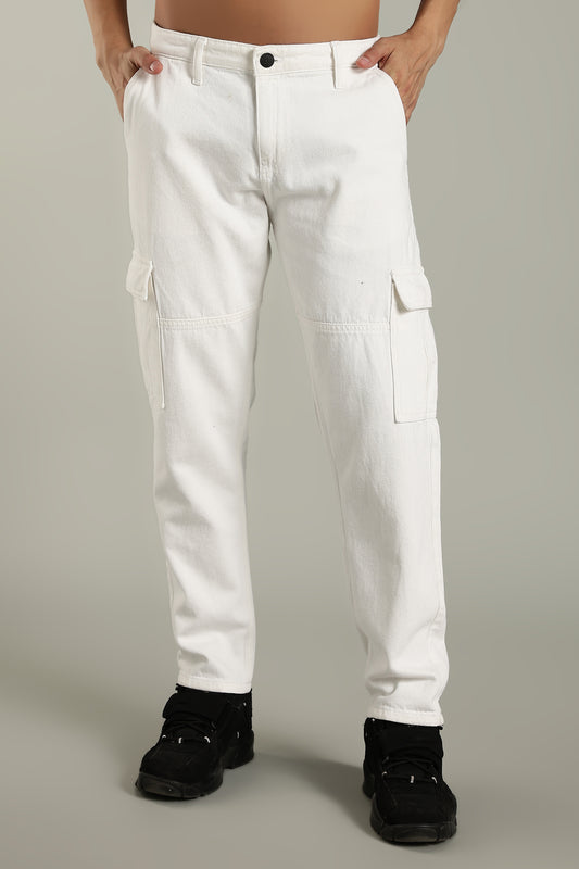 Oldlove White Relaxed-Fit Denim Cargo Pants