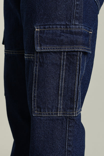 Oldlove Dark Blue Relaxed-Fit Denim Cargo Pants