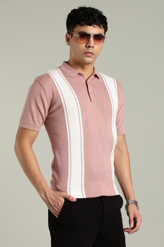 Men's Retro Striped Pink Polo Shirt