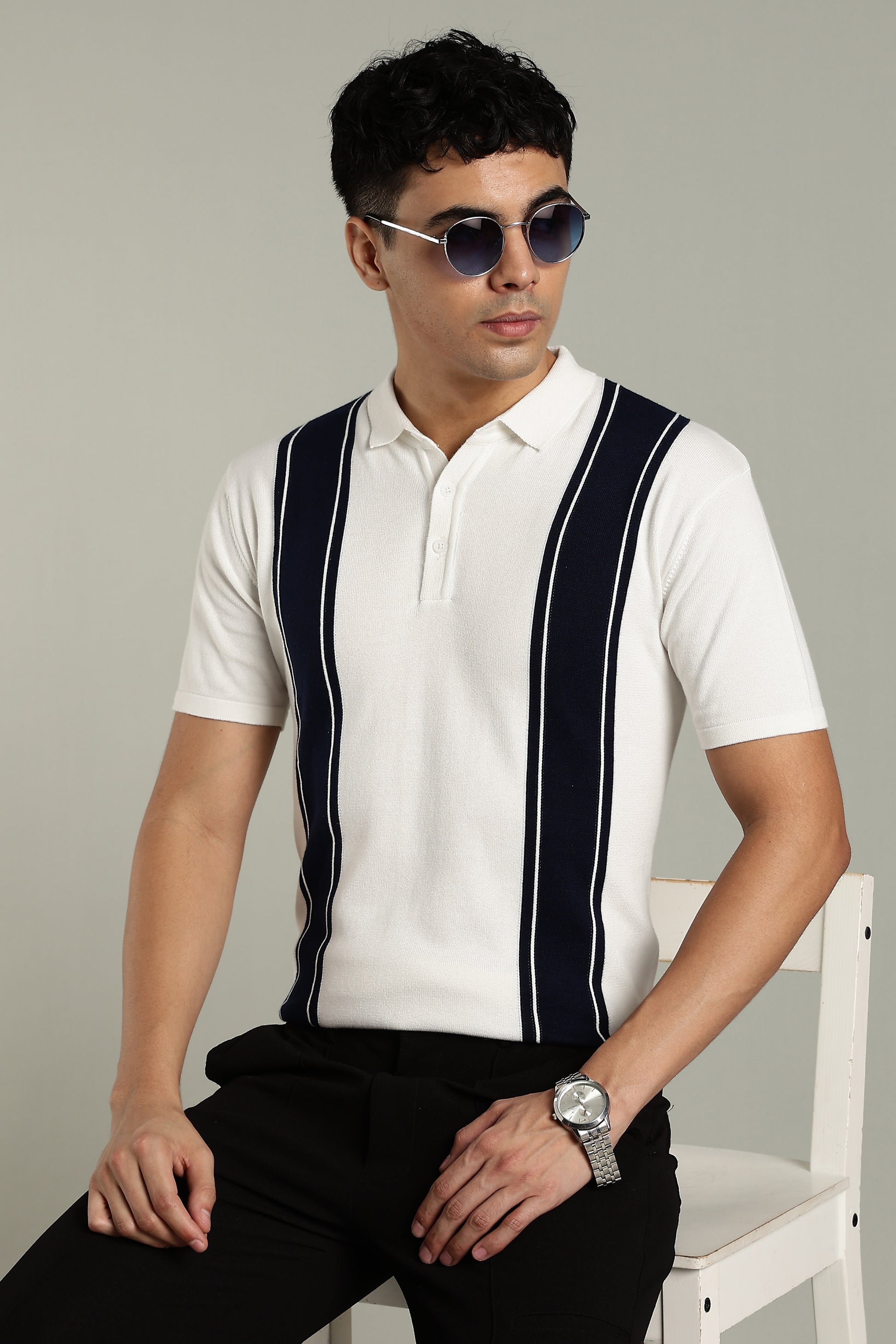 Men's Retro Striped White Polo Shirt – OLDLOVE - Main Image