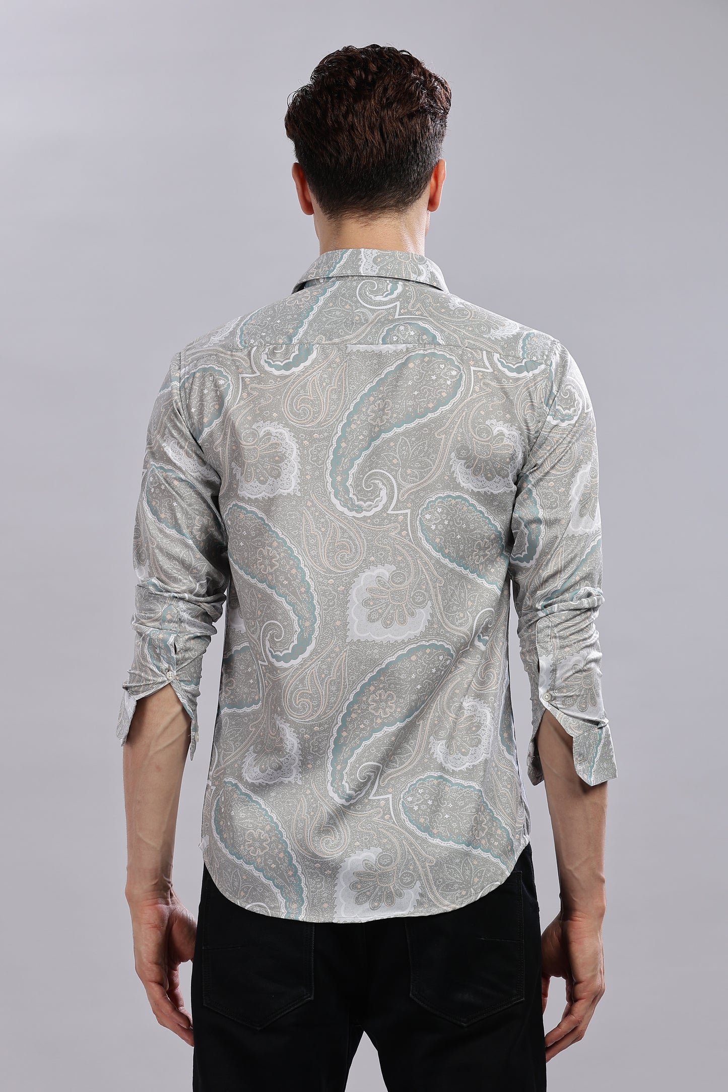 Grey Paisley Print Satin Shirt