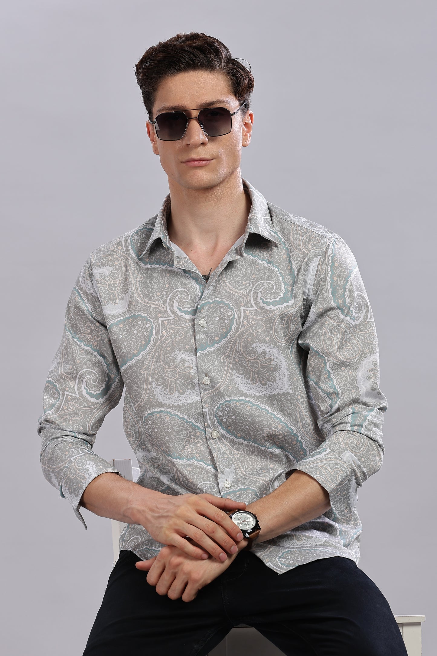 Grey Paisley Print Satin Shirt