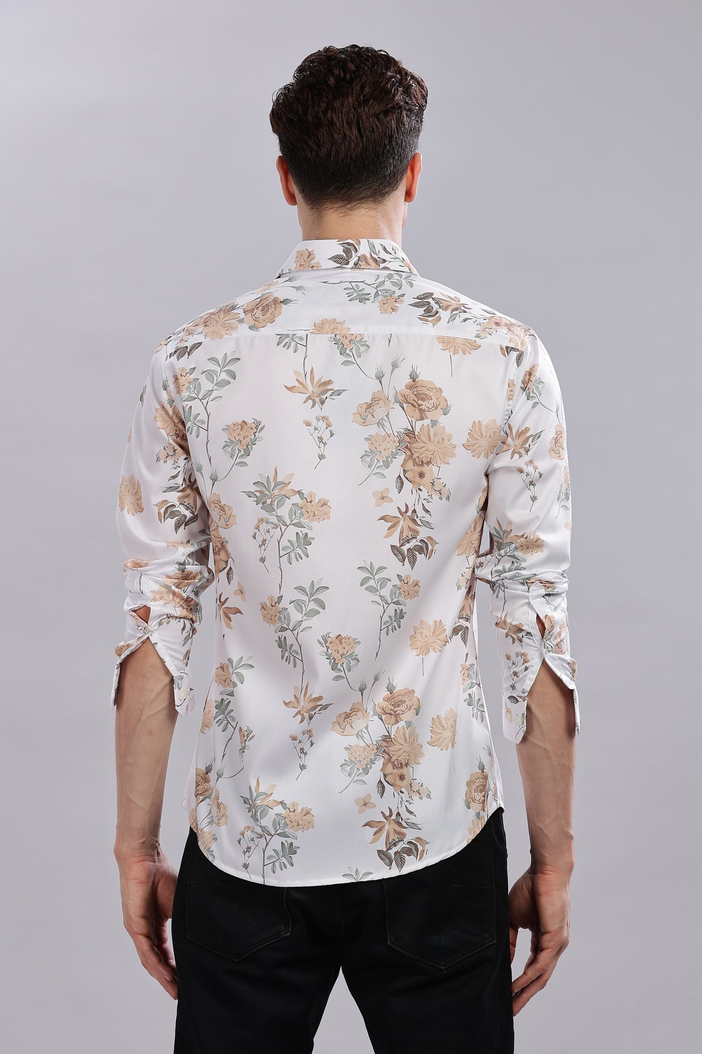 Beige Floral Print Satin Shirt