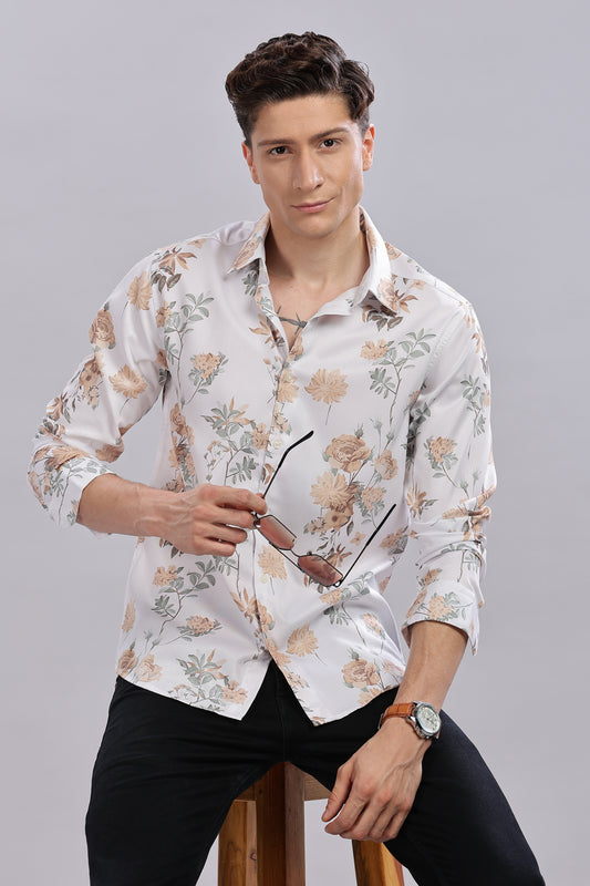Beige Floral Print Satin Shirt