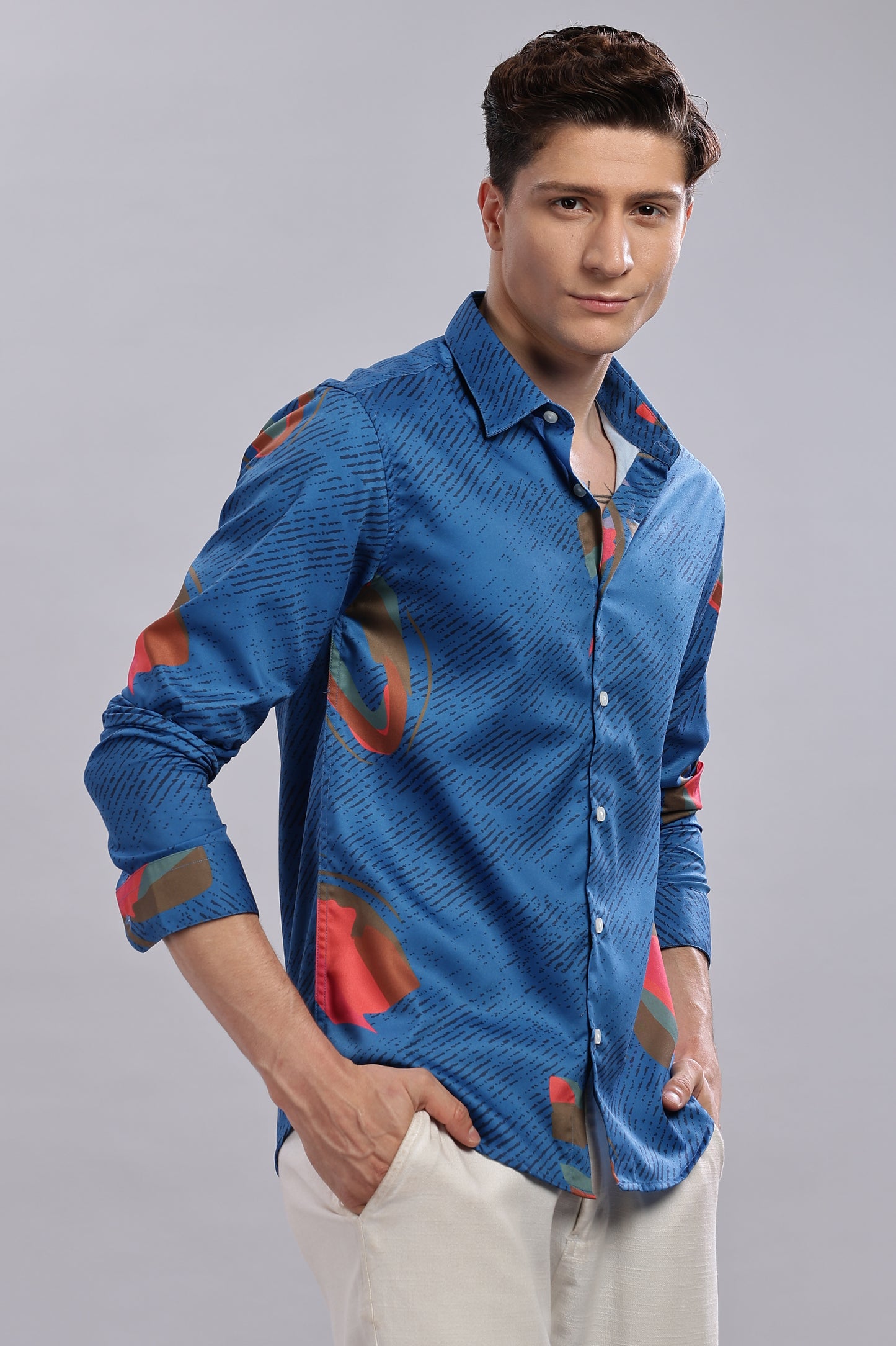 Blue Abstract Satin Print Shirt.