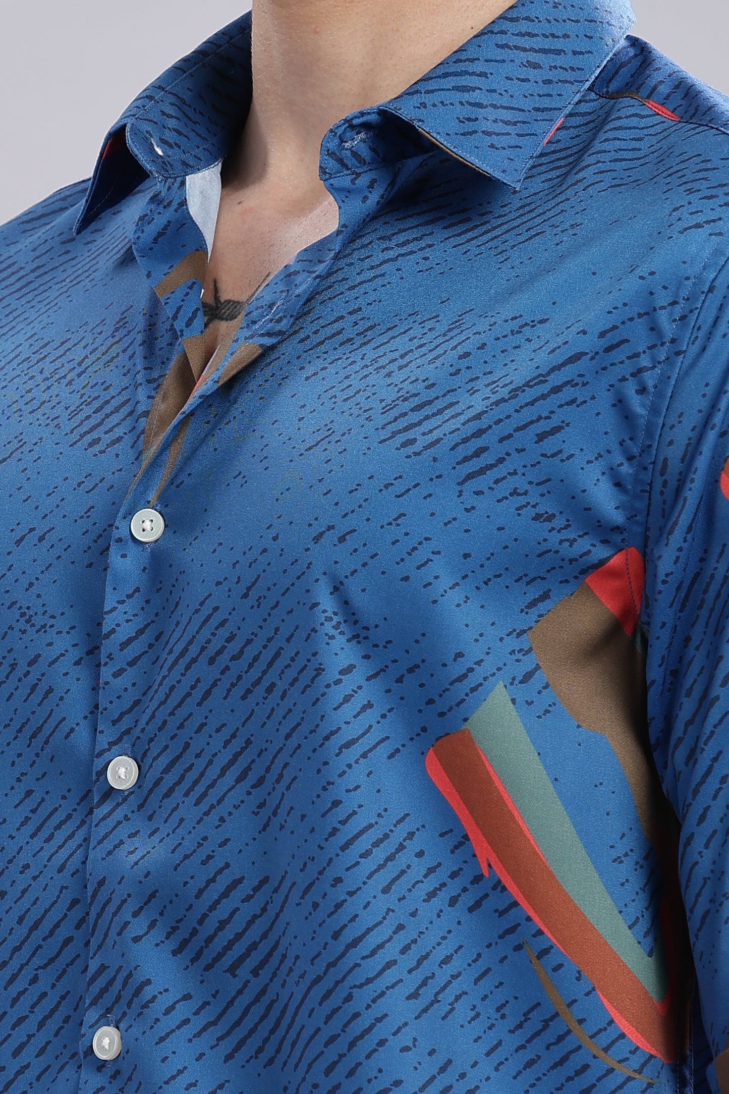 Blue Abstract Satin Print Shirt.