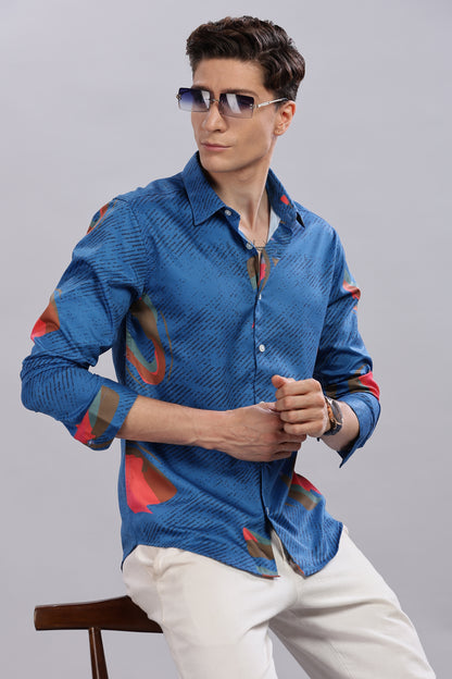 Blue Abstract Satin Print Shirt.