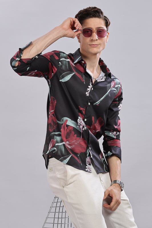 Floral Black Satin Printed Shirt