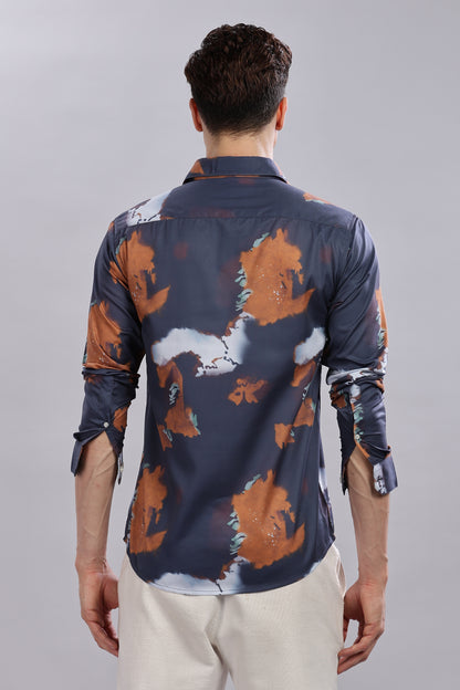 Blue Abstract Print Satin Shirt