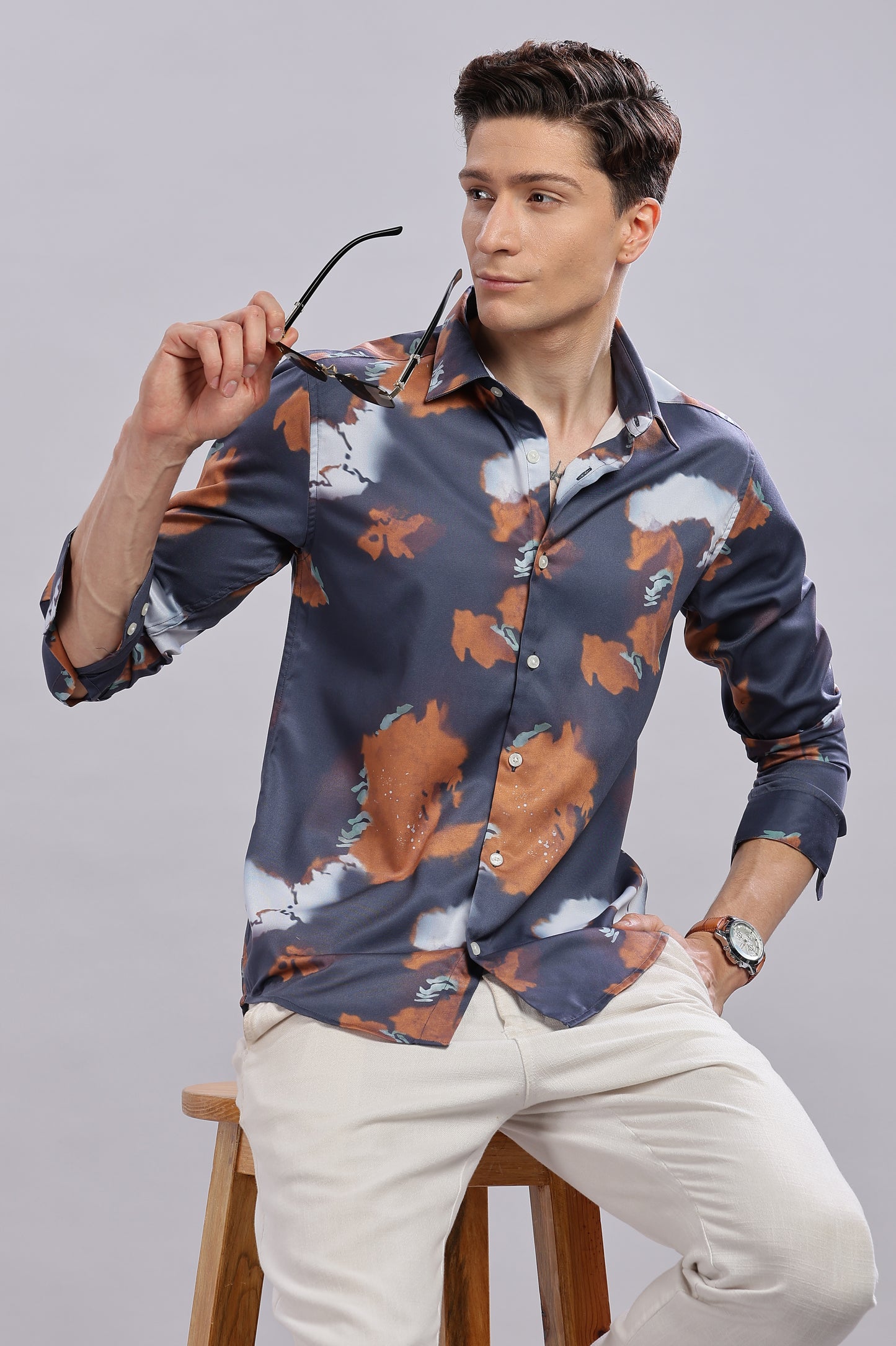Blue Abstract Print Satin Shirt