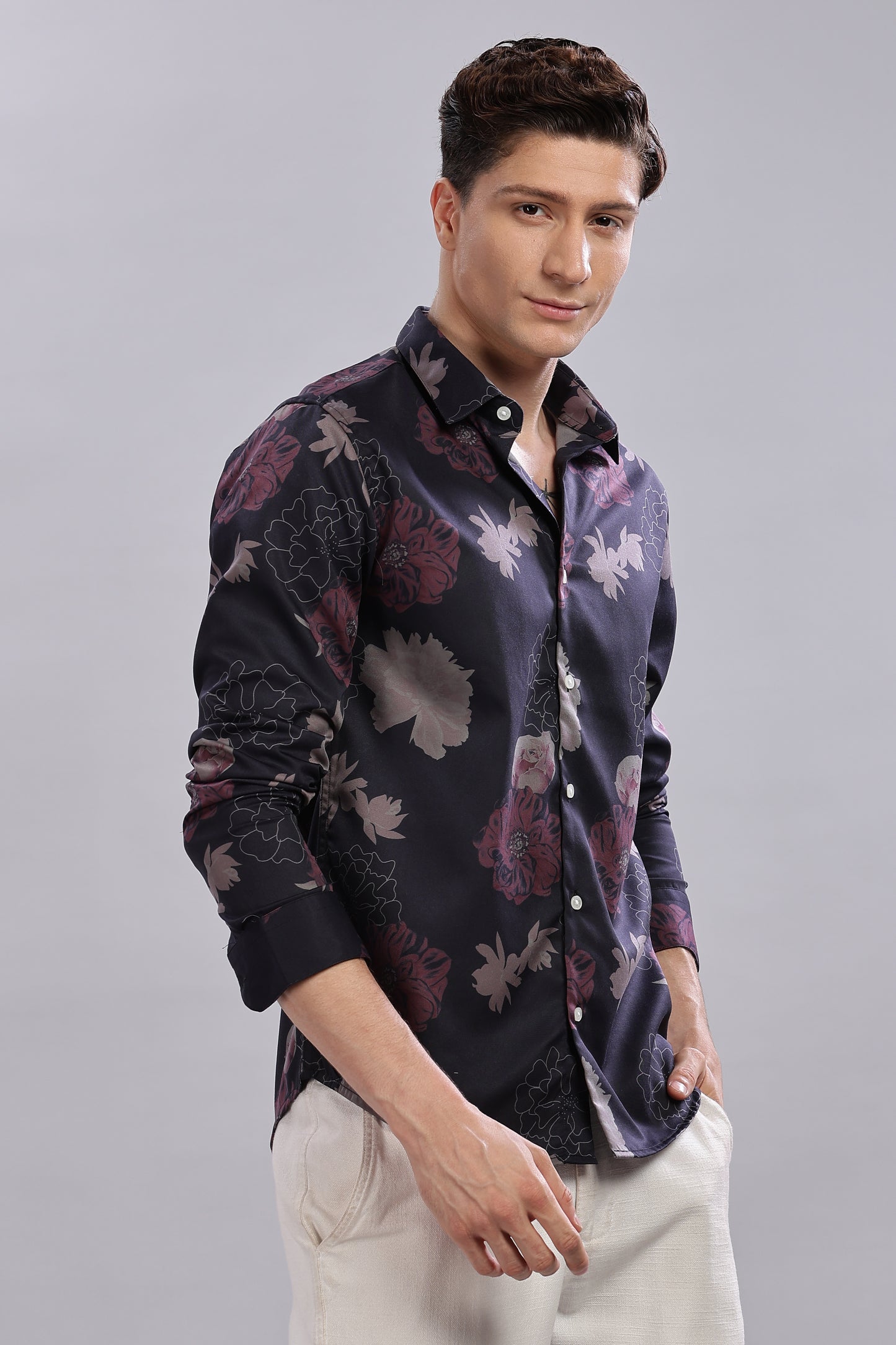 Black Floral Satin Print Shirt