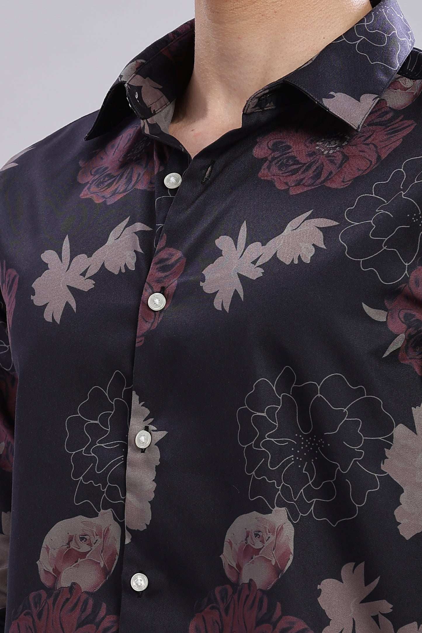 Black Floral Satin Print Shirt