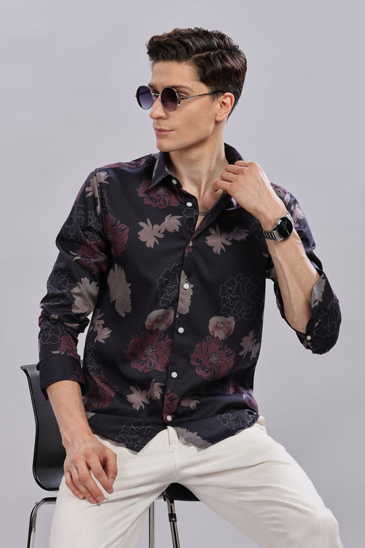 Black Floral Satin Print Shirt