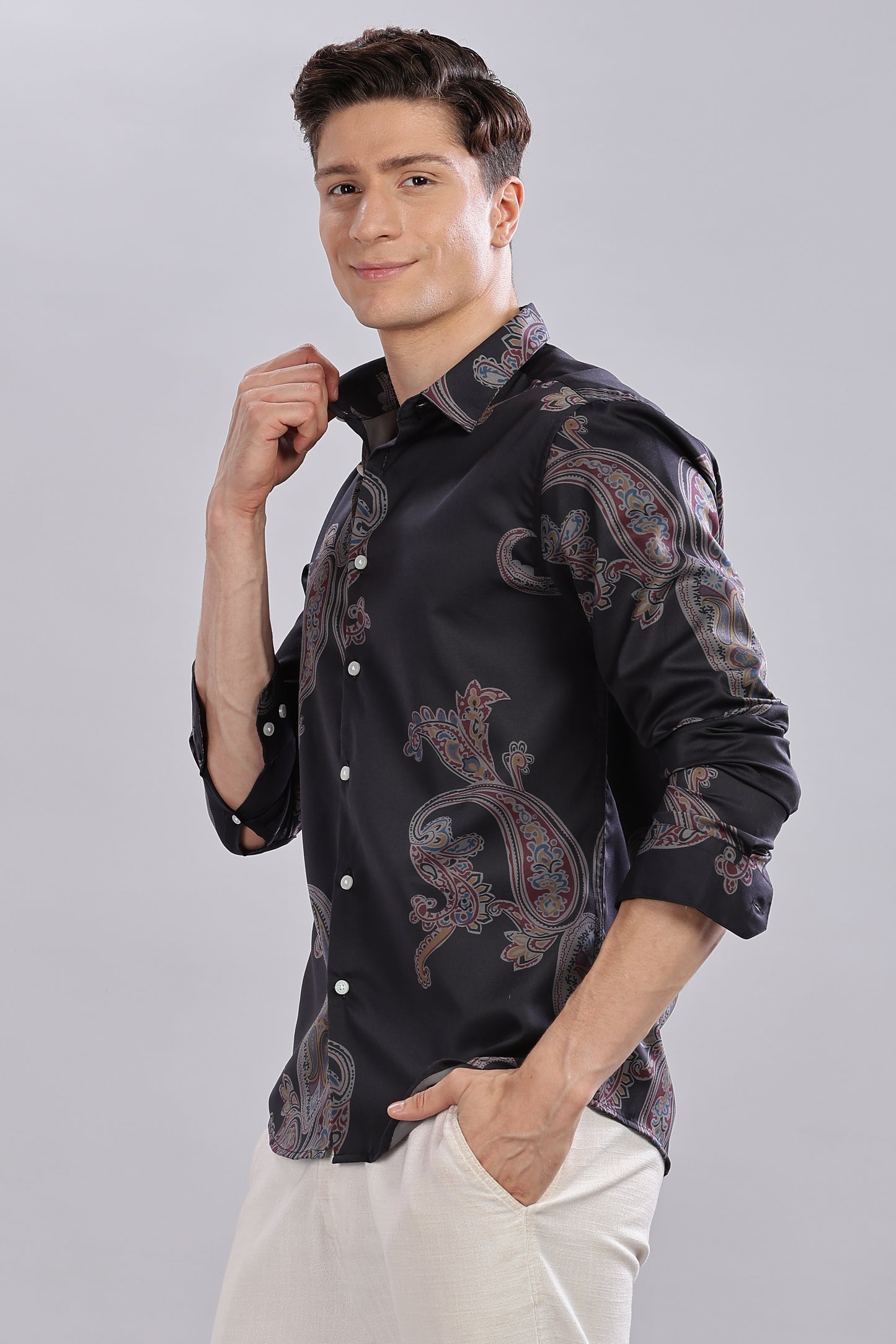 Black Paisley Satin Printed Shirt