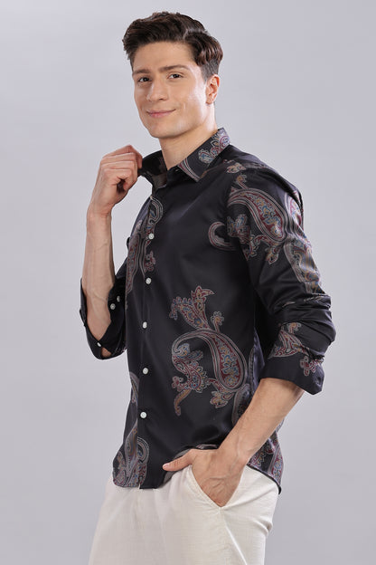 Black Paisley Satin Printed Shirt