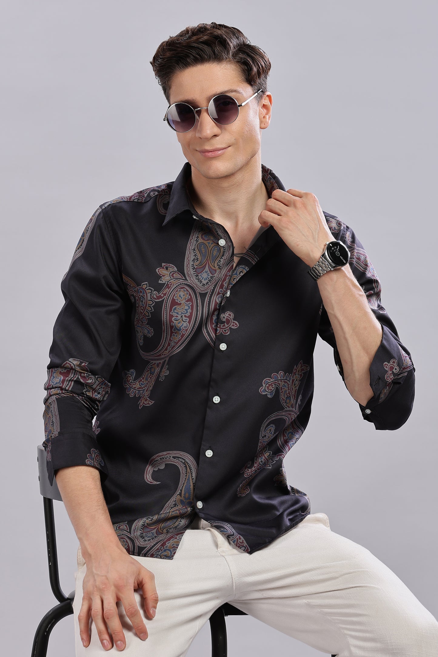 Black Paisley Satin Printed Shirt