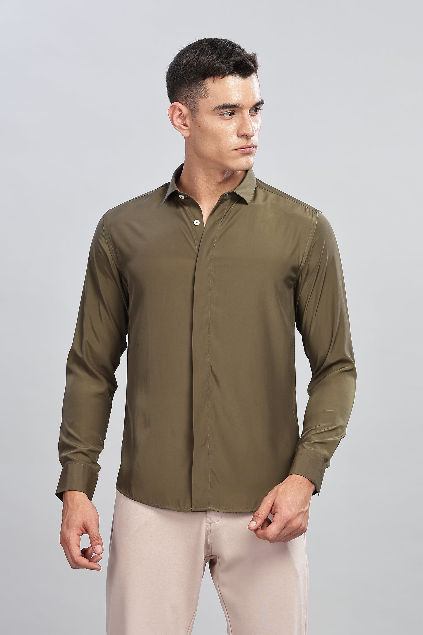 Oldlove Silky Olive green Shirt