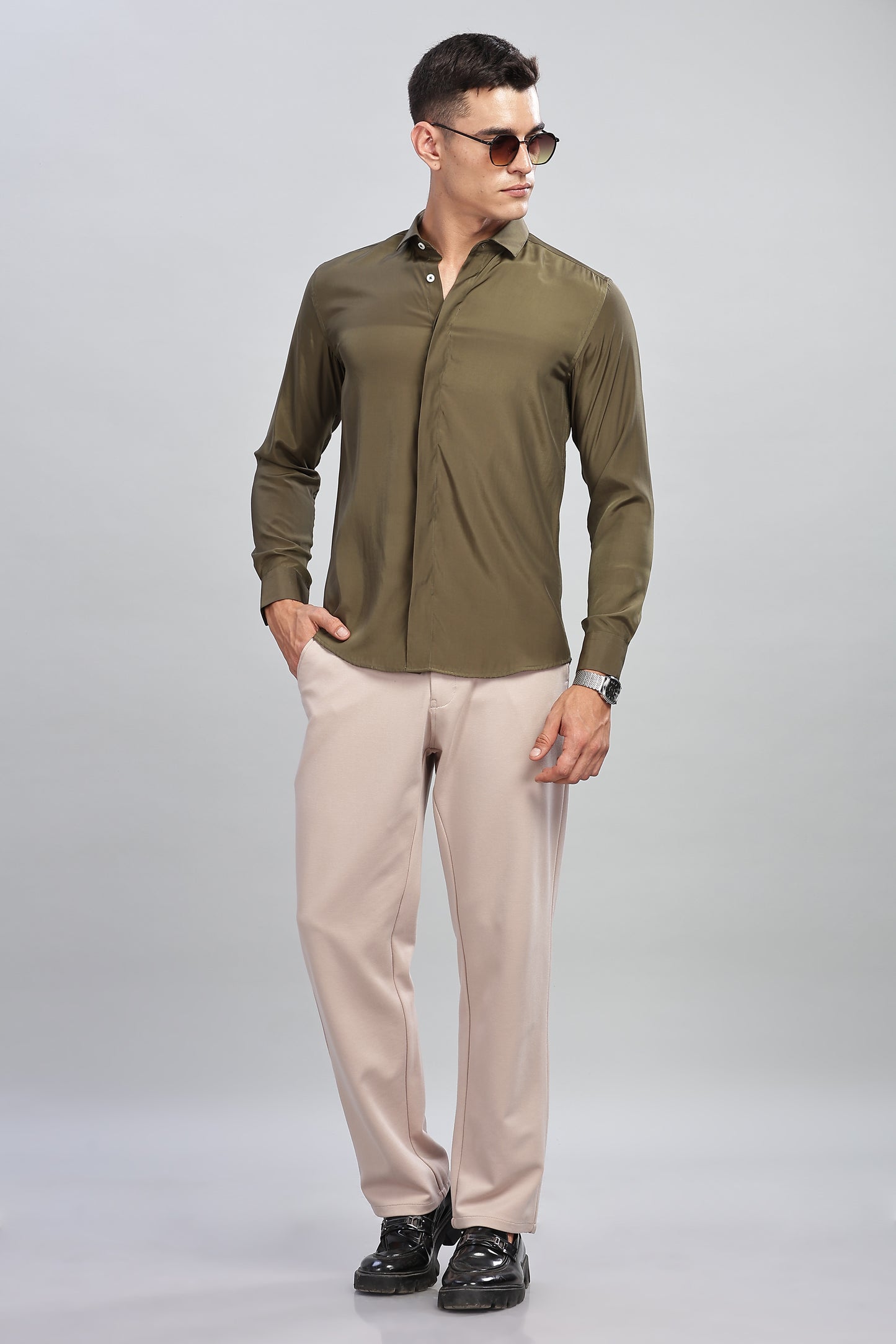 Oldlove Silky Olive green Shirt