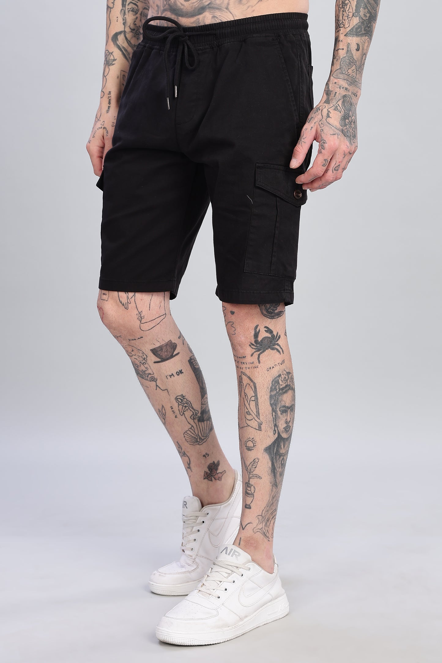 Oldlove Solid Black Cargo Shorts