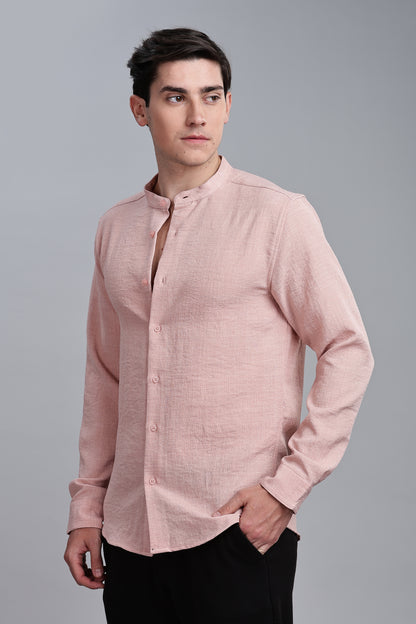 Pink Linen Blend Mandarin Collar Shirt