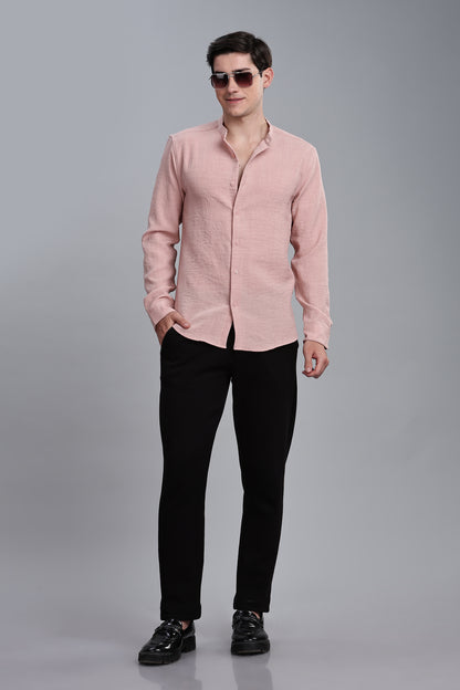 Pink Linen Blend Mandarin Collar Shirt