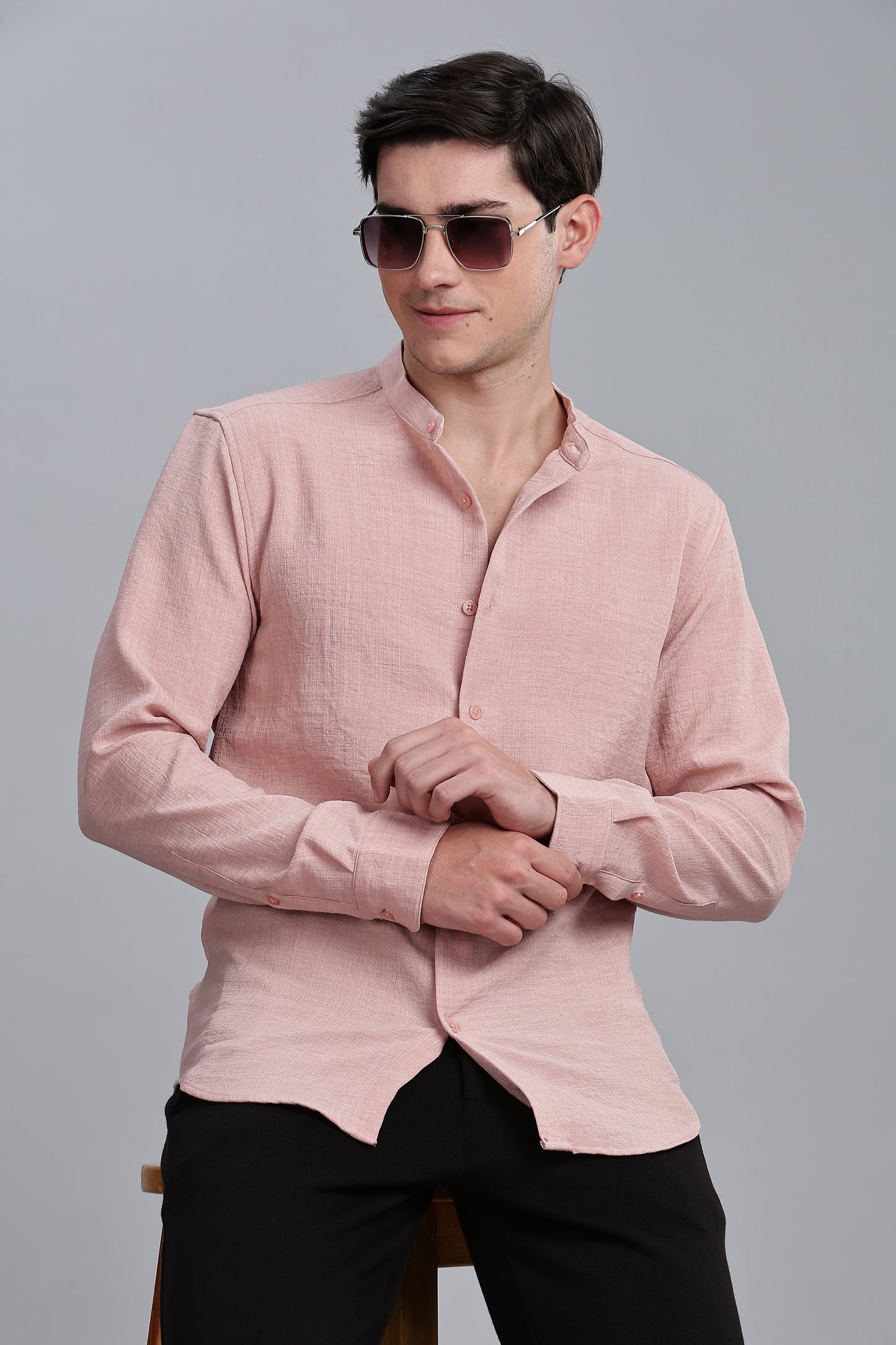 Pink Linen Blend Mandarin Collar Shirt