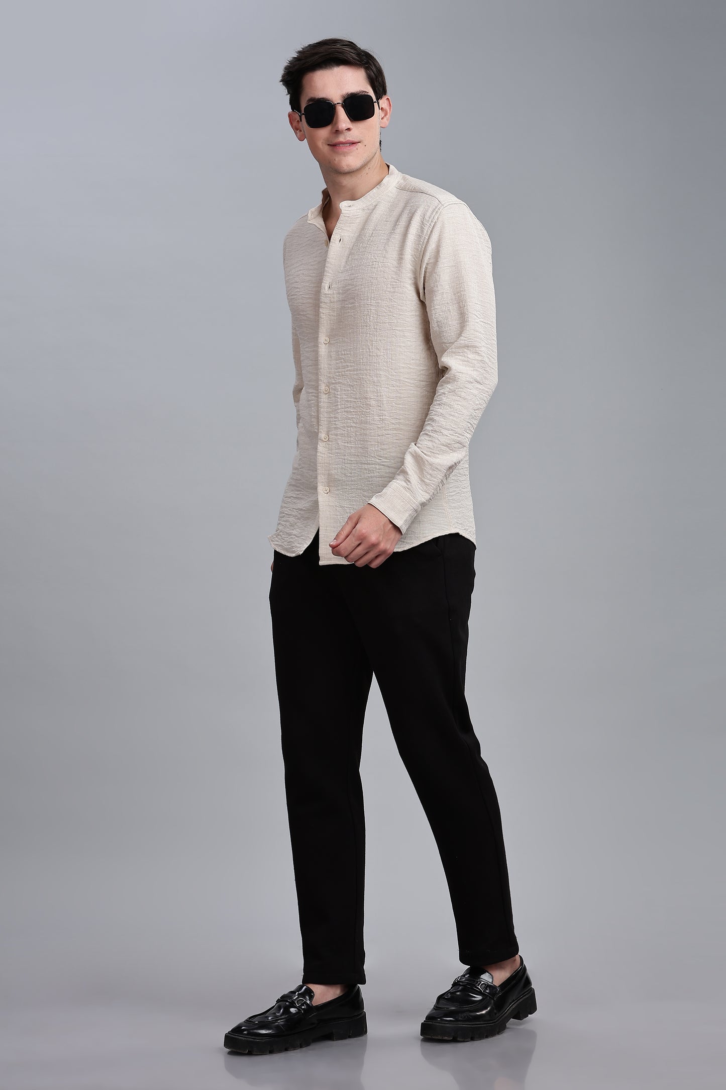 Cream Linen Blend Mandarin Collar Shirt