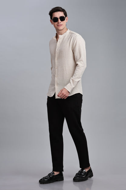 Cream Linen Blend Mandarin Collar Shirt