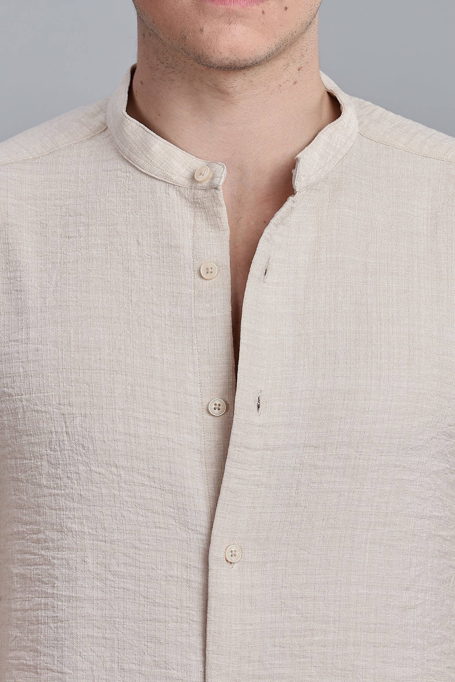 Cream Linen Blend Mandarin Collar Shirt