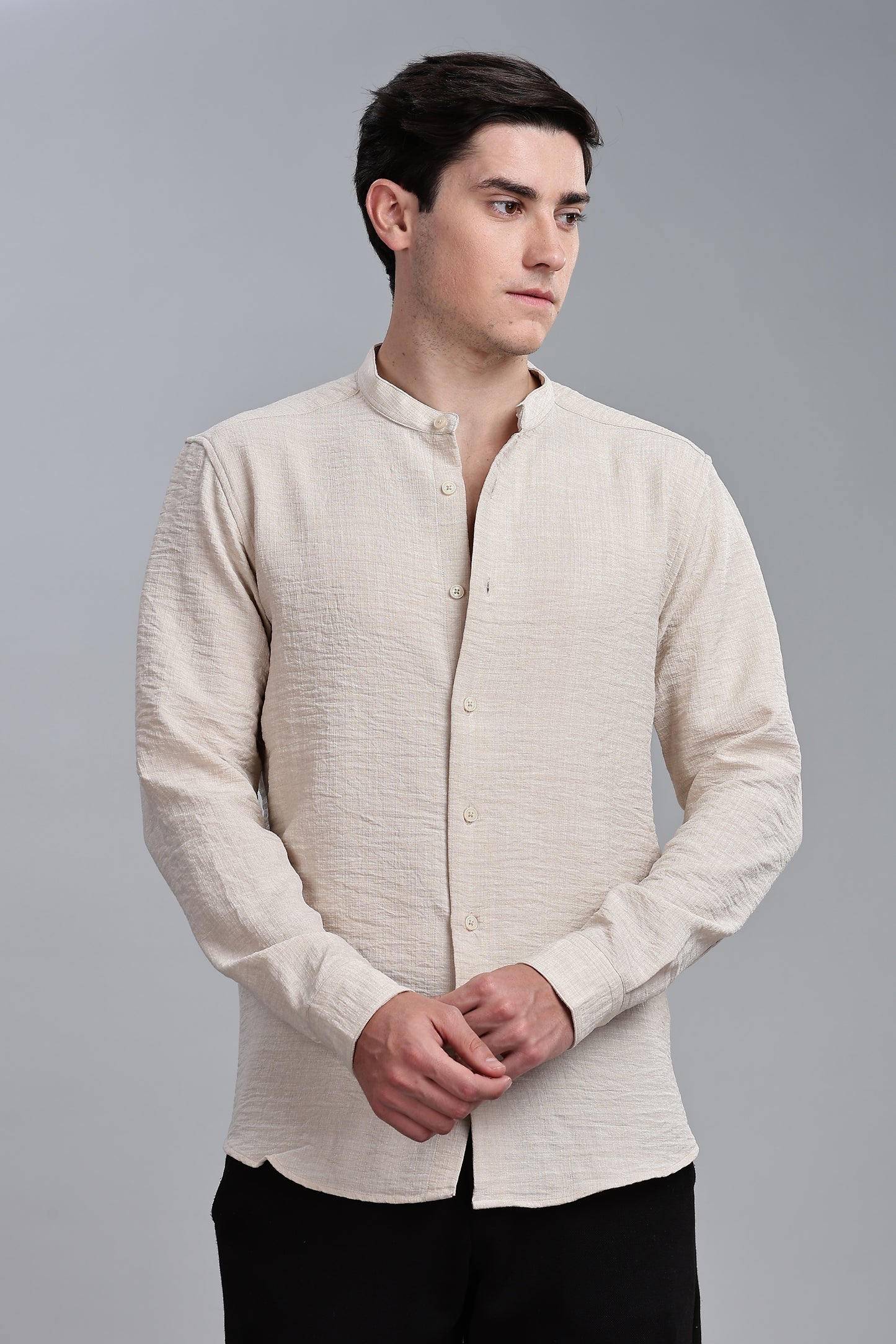 Cream Linen Blend Mandarin Collar Shirt