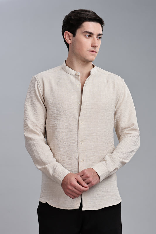Cream Linen Blend Mandarin Collar Shirt
