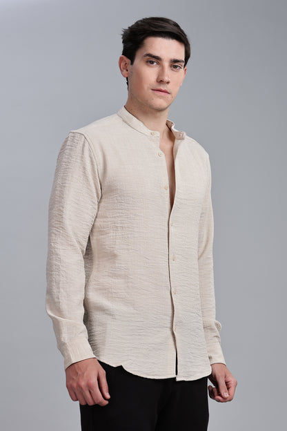 Cream Linen Blend Mandarin Collar Shirt