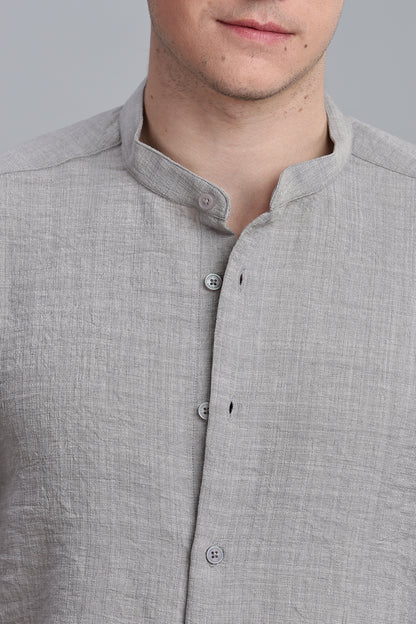 Grey Linen Blend Mandarin Collar Shirt