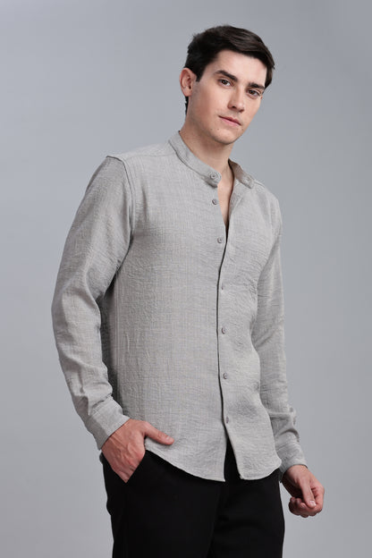 Grey Linen Blend Mandarin Collar Shirt