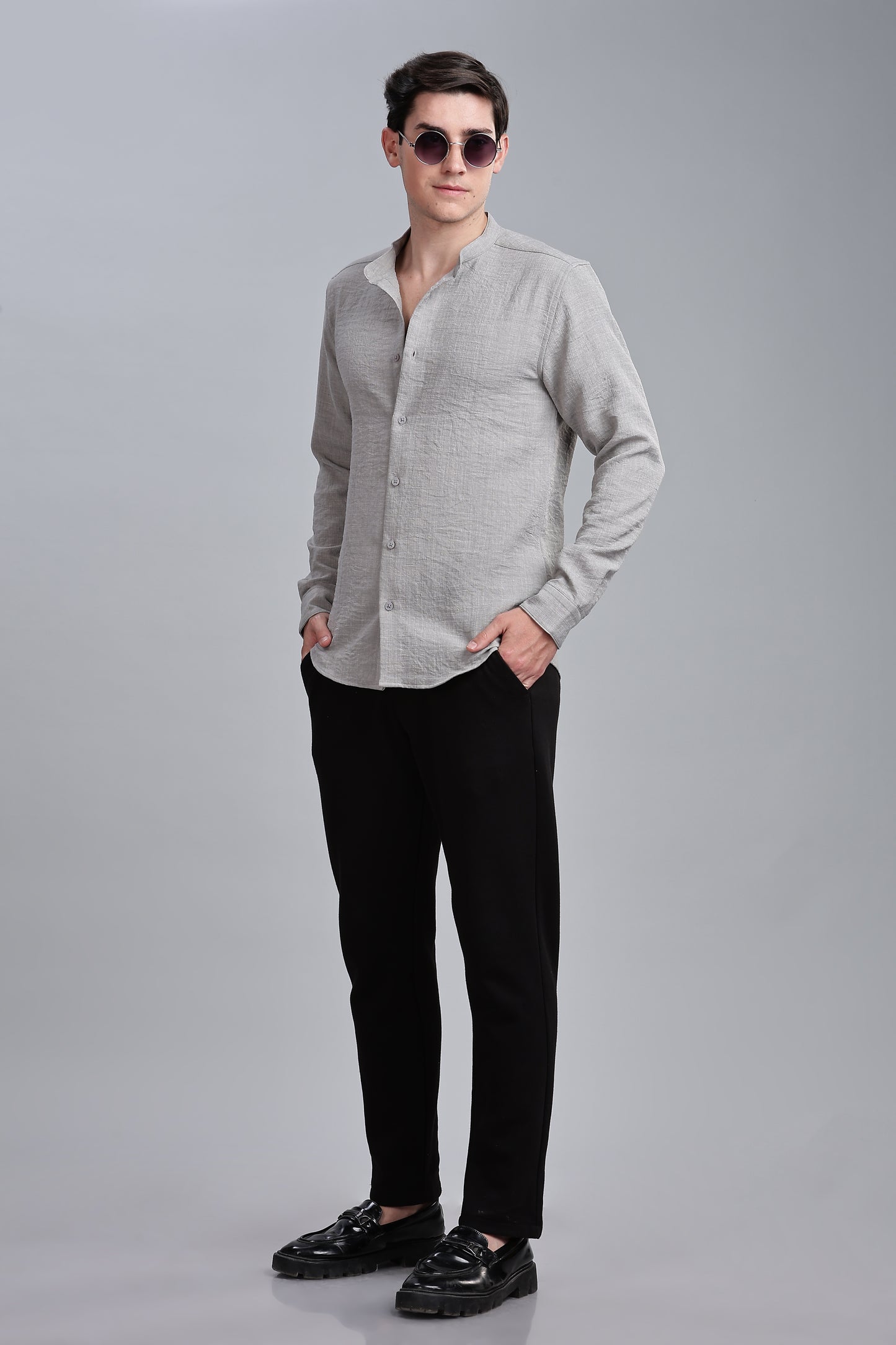 Grey Linen Blend Mandarin Collar Shirt