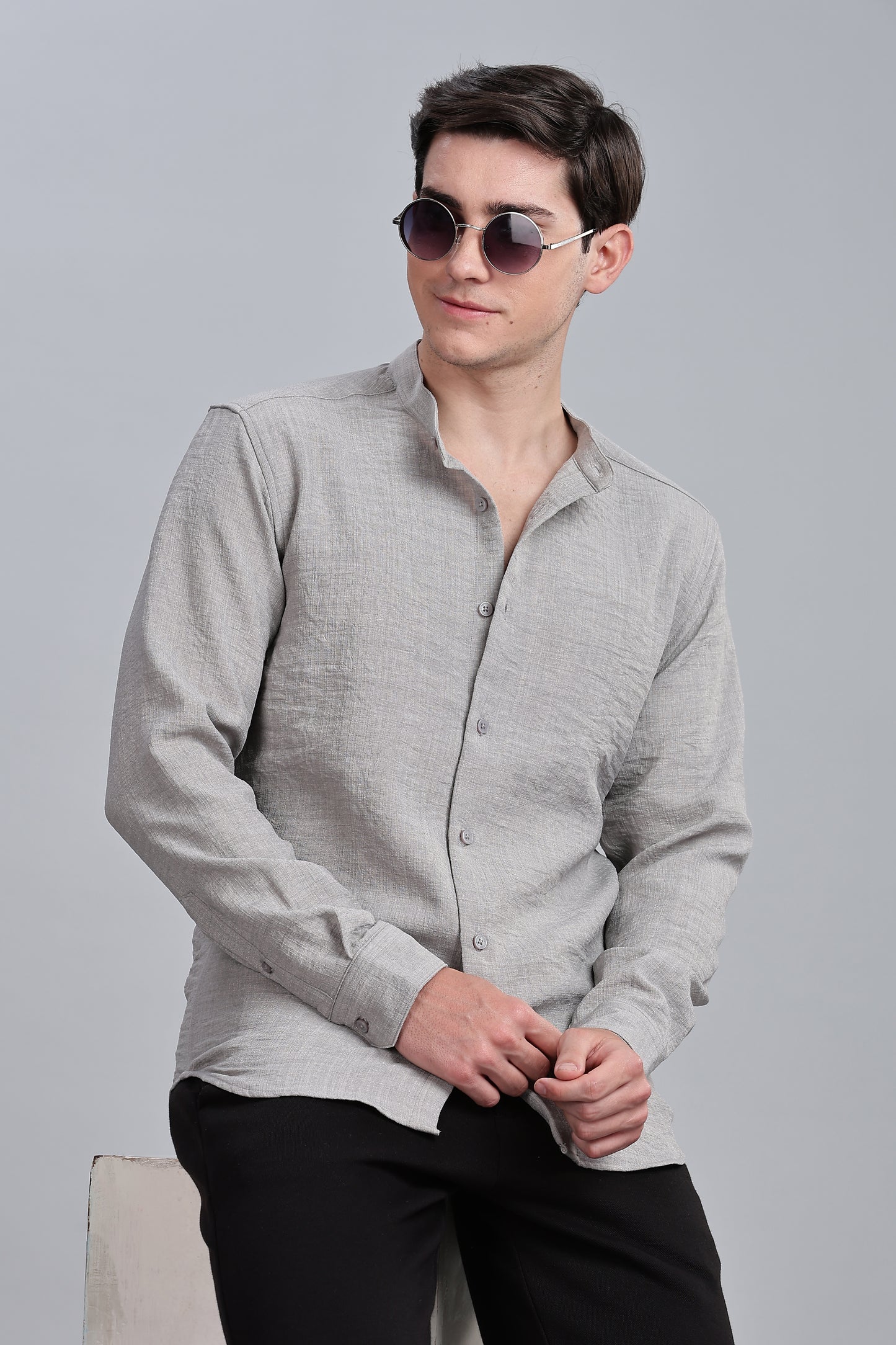 Grey Linen Blend Mandarin Collar Shirt