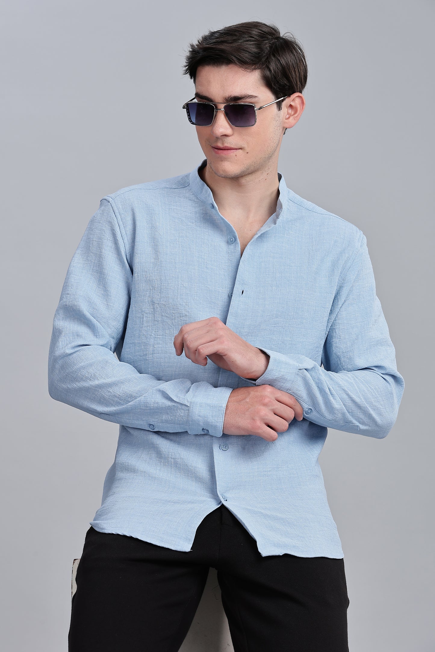 Skyblue Linen Blend Mandarin Collar Shirt