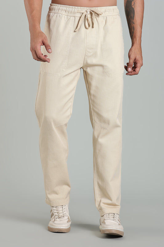 Oldlove Dark Beige Easy-Fit Drawstring Denim Trousers