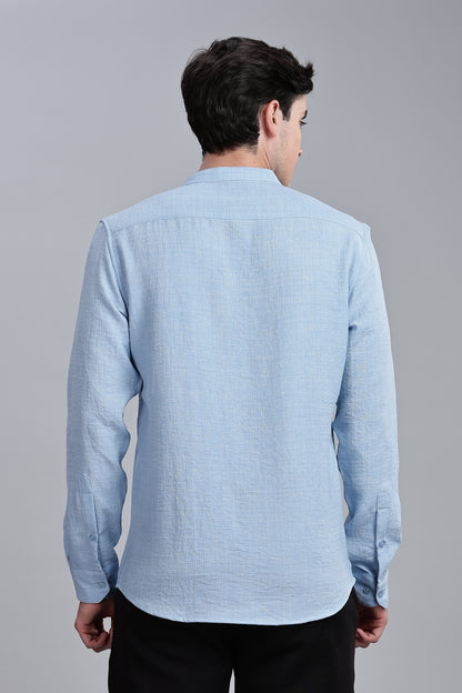 Skyblue Linen Blend Mandarin Collar Shirt