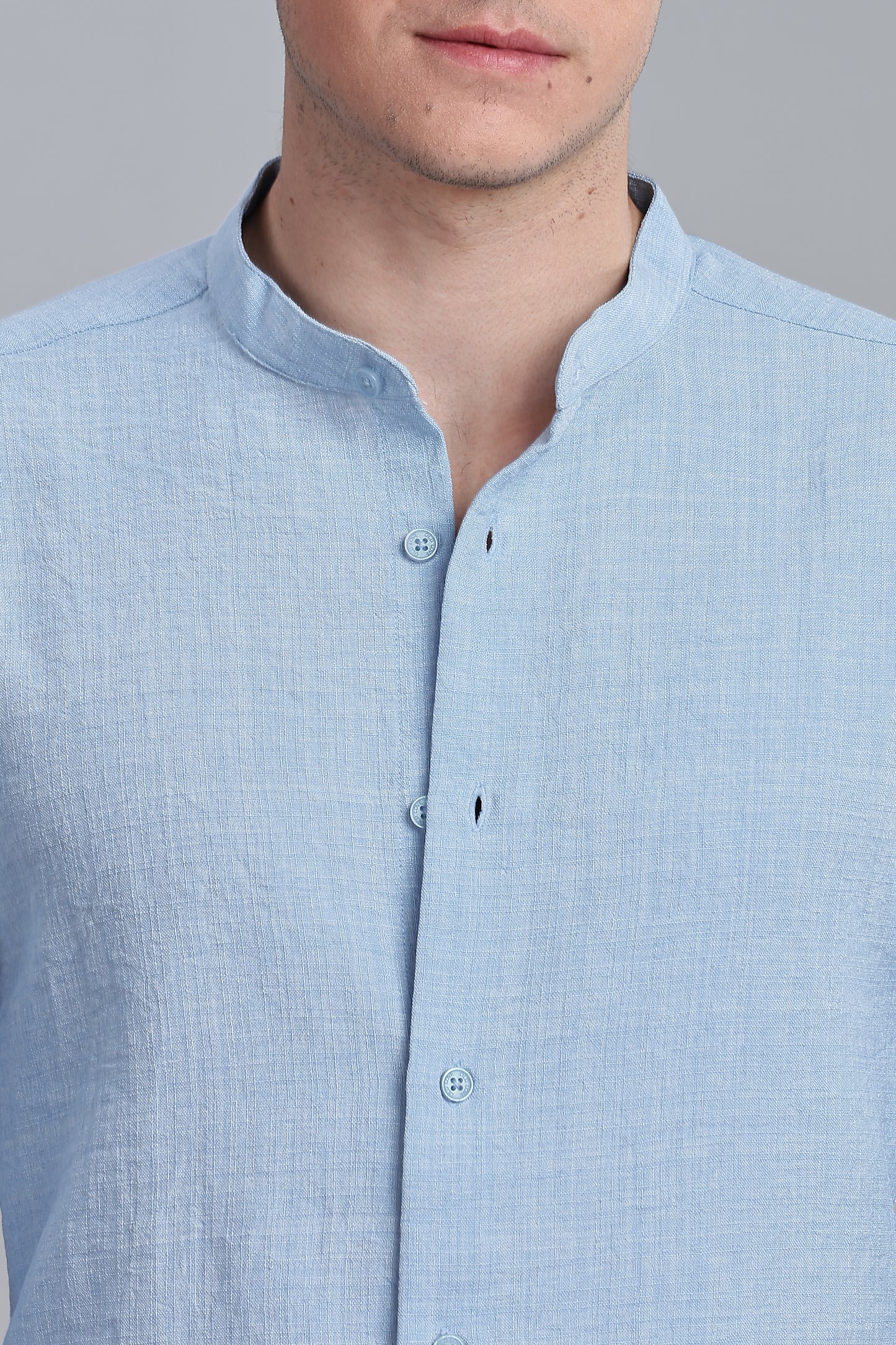 Skyblue Linen Blend Mandarin Collar Shirt