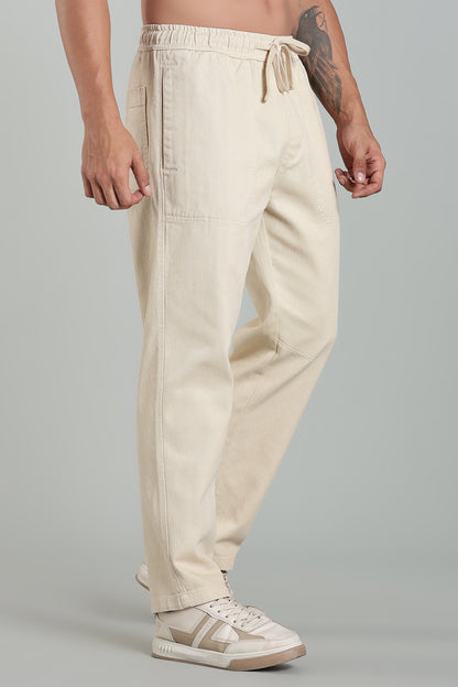 Oldlove Dark Beige Easy-Fit Drawstring Denim Trousers