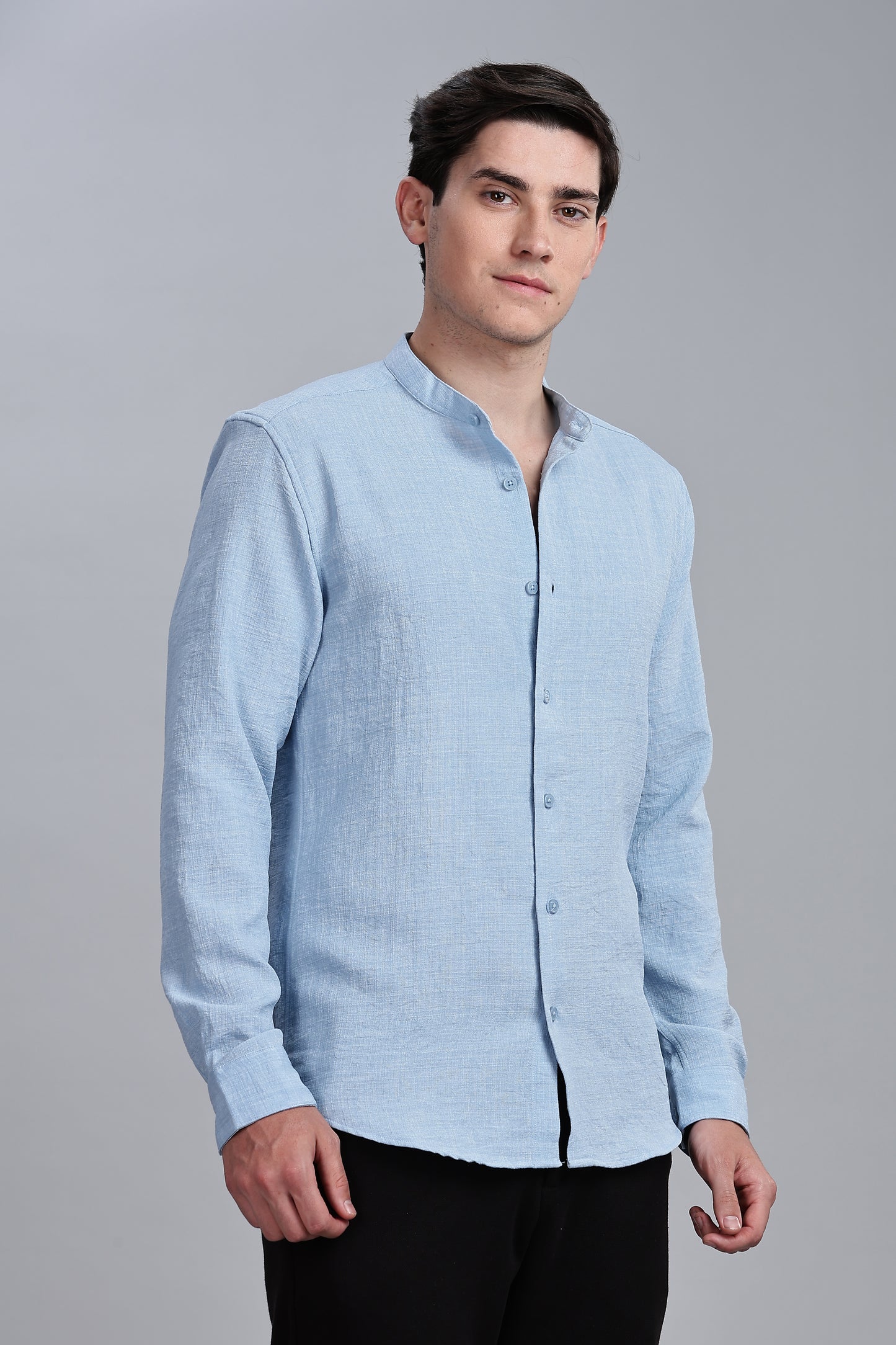 Skyblue Linen Blend Mandarin Collar Shirt