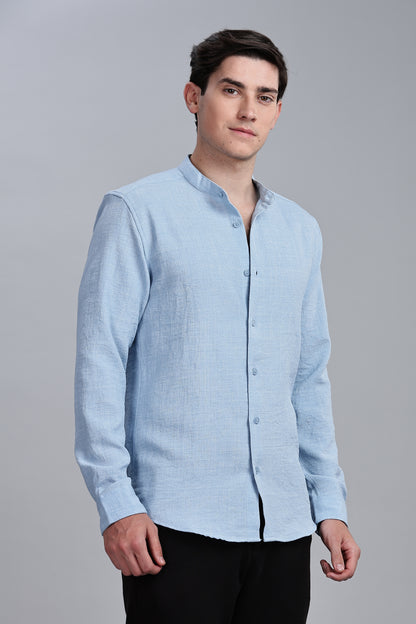 Skyblue Linen Blend Mandarin Collar Shirt