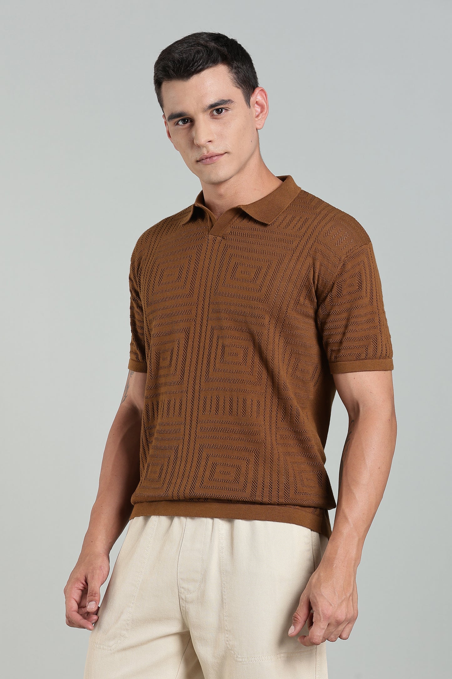 Oldlove Textured Geo-Knit Cinnamon Brown Polo Shirt