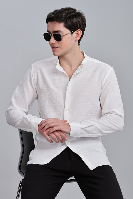 White Linen Blend Mandarin Collar Shirt