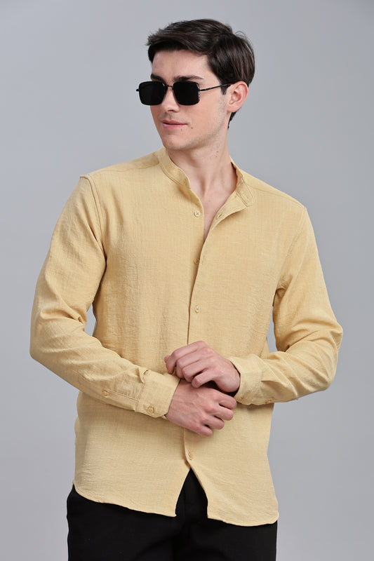 Yellow Linen Blend Mandarin Collar Shirt