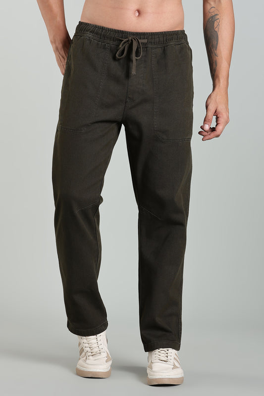 Oldlove Army Green Easy-Fit Drawstring Denim Trousers